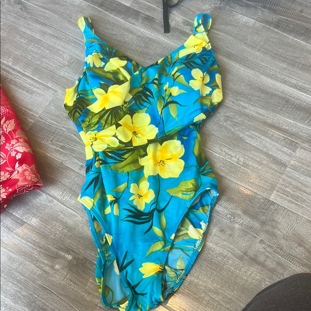 Slim Allure Blue and Yellow Floral Swimwear swimsuit one piece